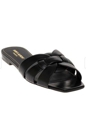Saint Laurent Tribute flat slide sandals black leather with interlocking straps